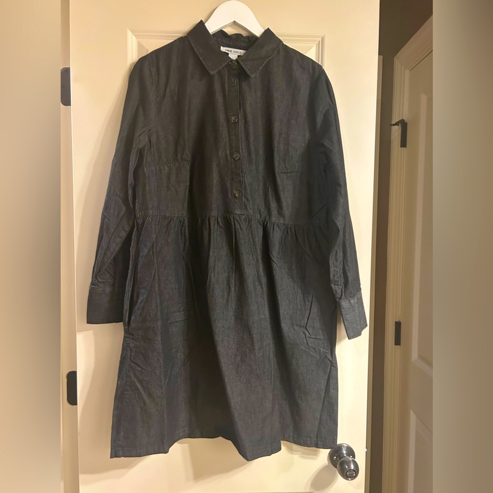 Nine West Charcoal Button-Up Short Denim Dress